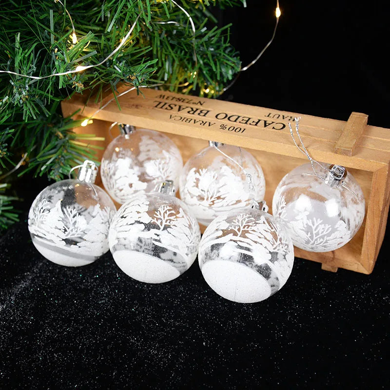 6 pçs/set 6cm bolas de árvore de natal branco neve transparente bola pingente natal