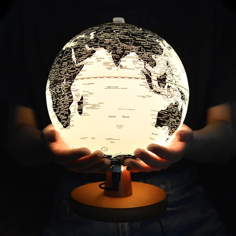 globo mapa do mundo terra globo vintage ornamentos de madeira usb brilho globo chinês inglês versão geografia educação brinquedo decoração 25cm