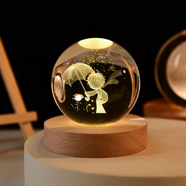 Bola de cristal vidro planeta led luz noturna quente laser gravado sistema solar globo universo 6cm 3D