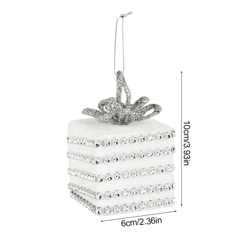 Bola de natal branca glitter caixa de presente árvore de natal pendurado