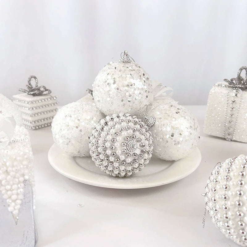 Bola de natal branca glitter caixa de presente árvore de natal pendurado