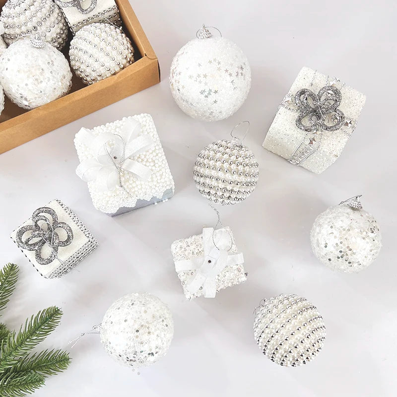 Bola de natal branca glitter caixa de presente árvore de natal pendurado