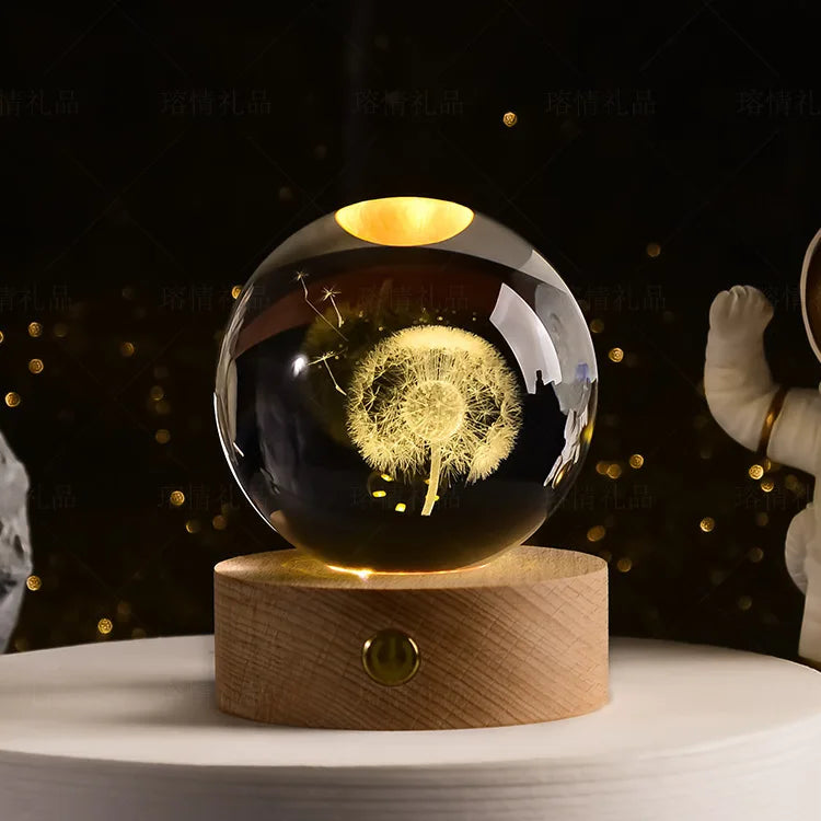 Bola de cristal vidro planeta led luz noturna quente laser gravado sistema solar globo universo 6cm 3D