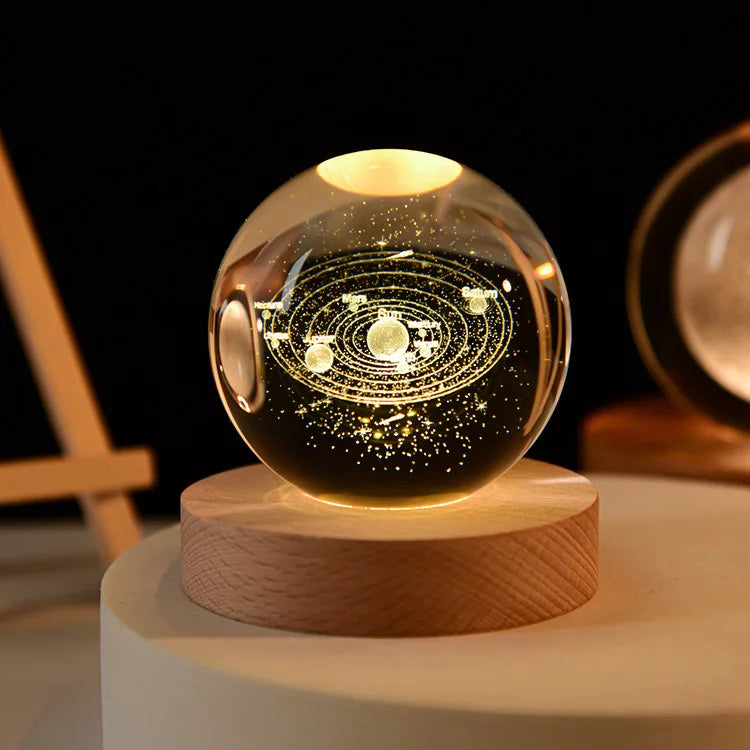 Bola de cristal vidro planeta led luz noturna quente laser gravado sistema solar globo universo 6cm 3D