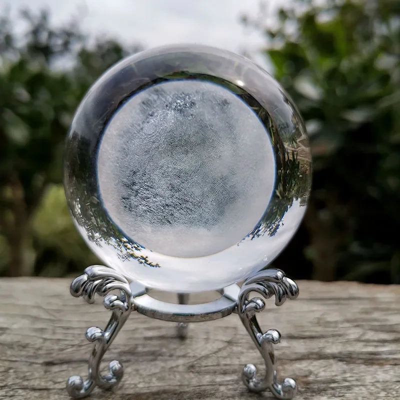 Bola de cristal 3d laser gravado lua esfera globo estatueta com suporte vidro