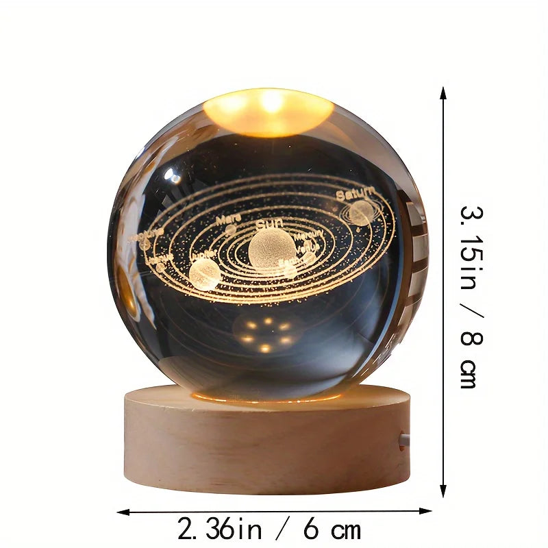Bola de cristal vidro planeta led luz noturna quente laser gravado sistema solar globo universo 6cm 3D