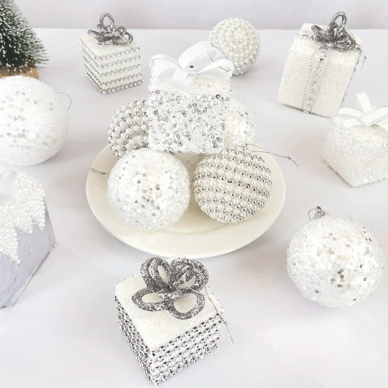 Bola de natal branca glitter caixa de presente árvore de natal pendurado