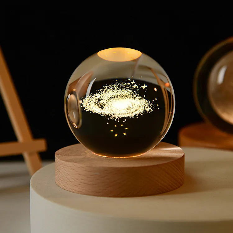 Bola de cristal vidro planeta led luz noturna quente laser gravado sistema solar globo universo 6cm 3D
