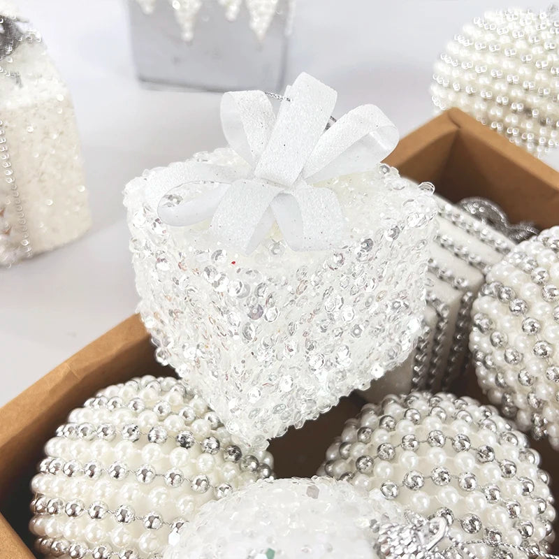 Bola de natal branca glitter caixa de presente árvore de natal pendurado