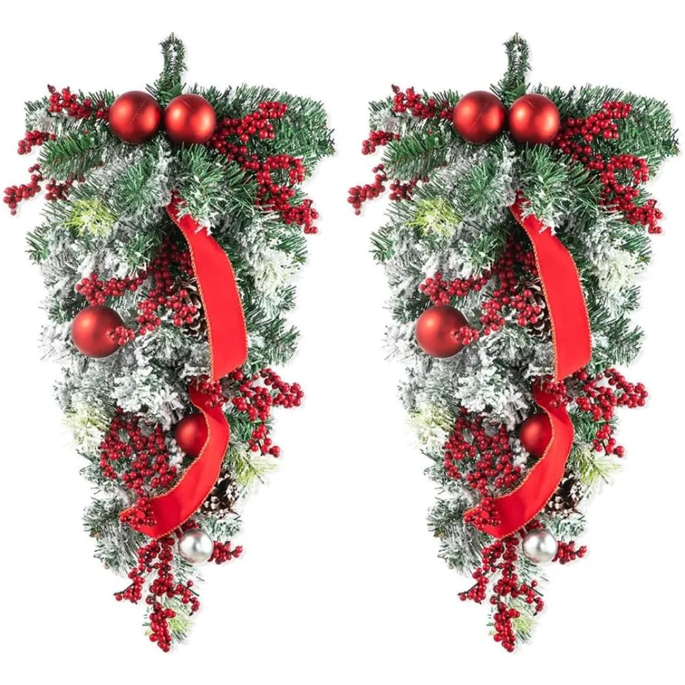 2 peças guirlandas artificiais com frutas, pinha e bolas vermelhas, enfeite de fita de Natal