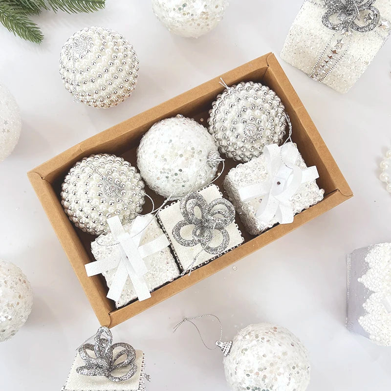 Bola de natal branca glitter caixa de presente árvore de natal pendurado