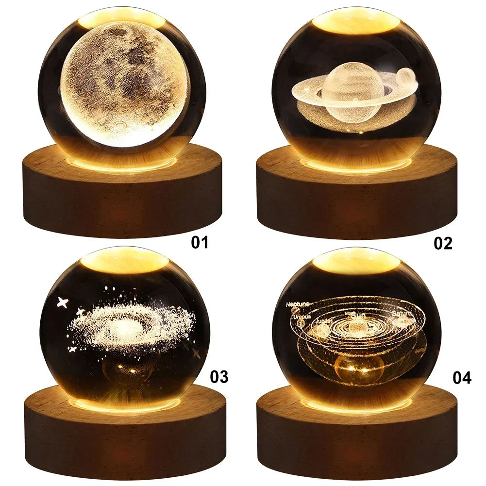 Lâmpada de bola de cristal 3D exclusiva com galáxia e projeções planetárias USB Night Light