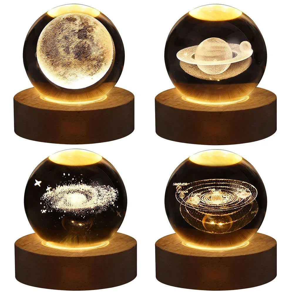 Lâmpada de bola de cristal 3D exclusiva com galáxia e projeções planetárias USB Night Light