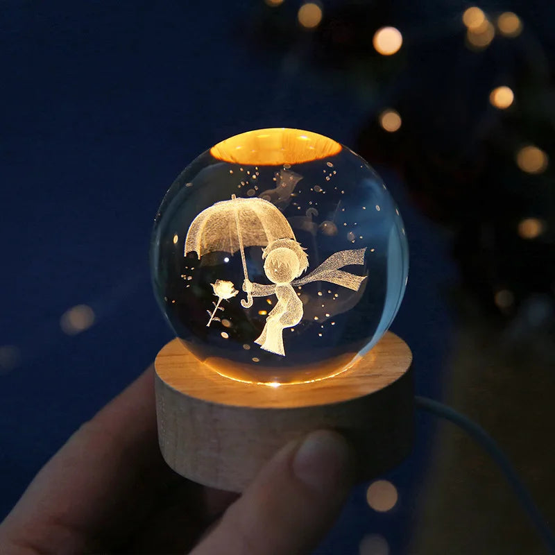 Bola de cristal vidro planeta led luz noturna quente laser gravado sistema solar globo universo 6cm 3D