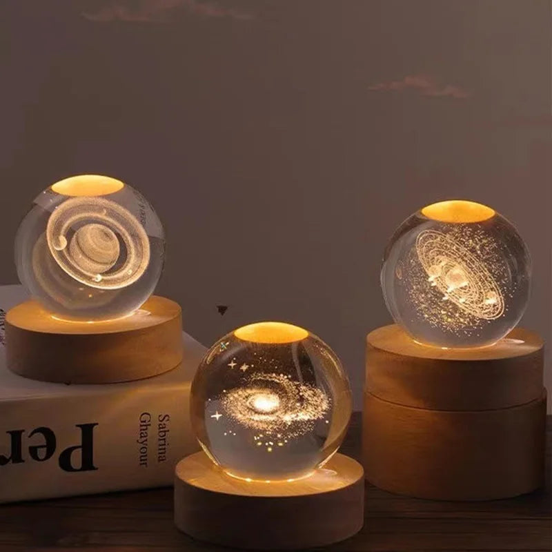 Bola de cristal vidro planeta led luz noturna quente laser gravado sistema solar globo universo 6cm 3D