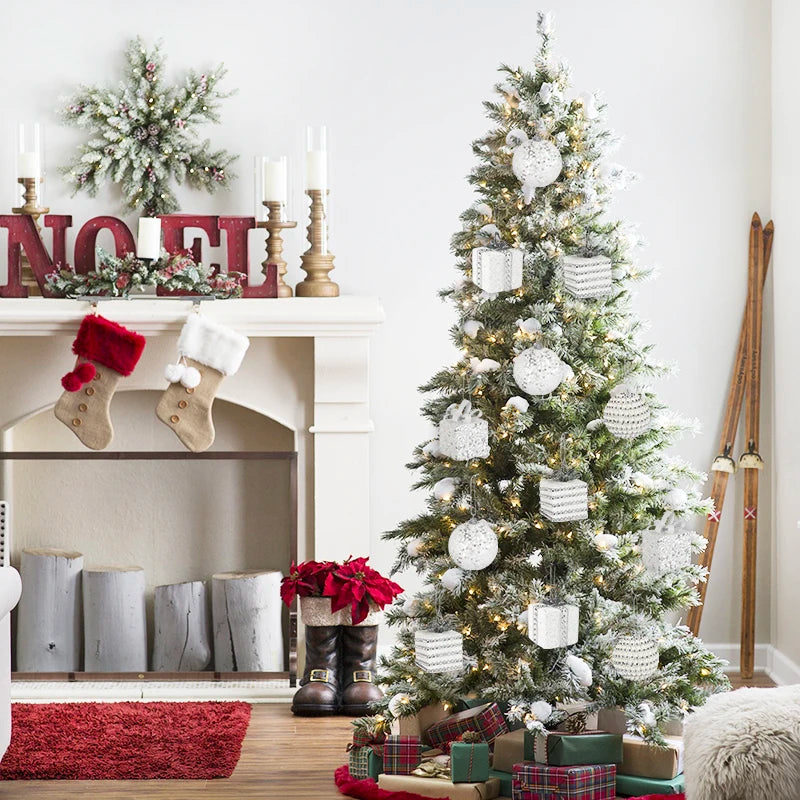 Bola de natal branca glitter caixa de presente árvore de natal pendurado