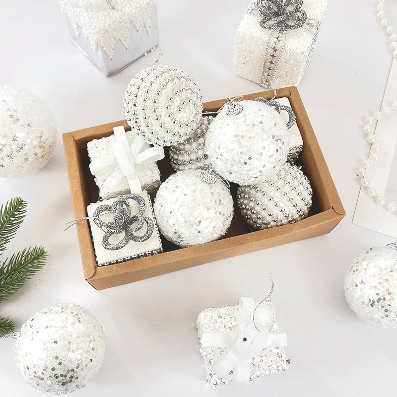 Bola de natal branca glitter caixa de presente árvore de natal pendurado