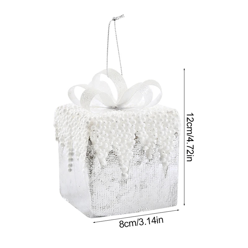 Bola de natal branca glitter caixa de presente árvore de natal pendurado