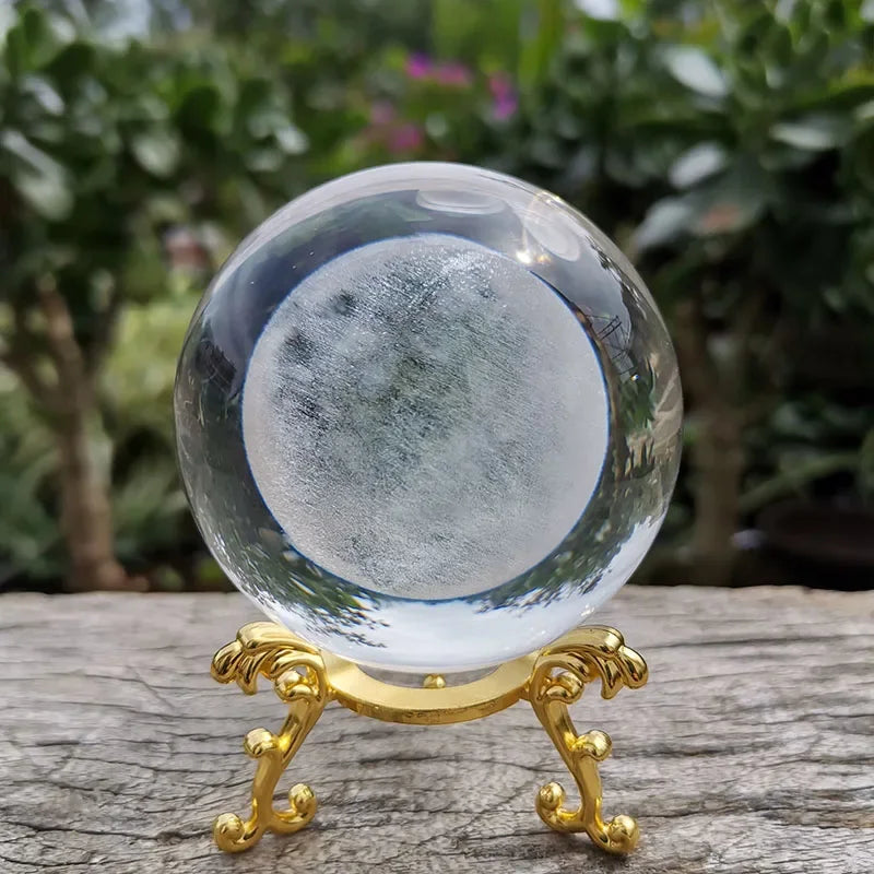 Bola de cristal 3d laser gravado lua esfera globo estatueta com suporte vidro