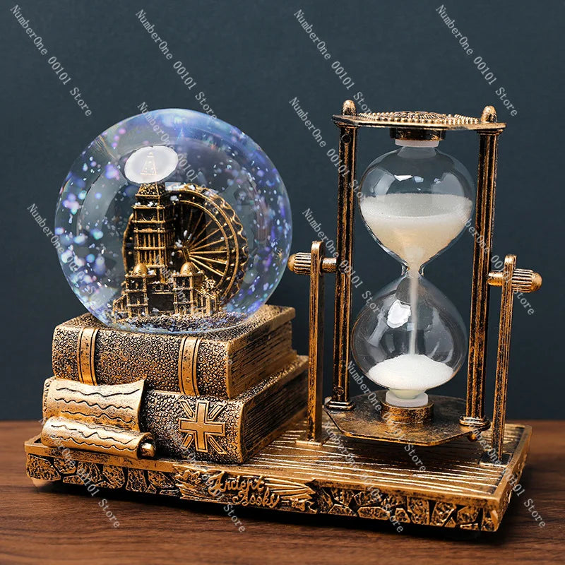 Torre vintage ampulheta temporizador bola de cristal caixa de música luminosa