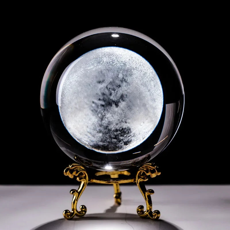 Bola de cristal 3d laser gravado lua esfera globo estatueta com suporte vidro