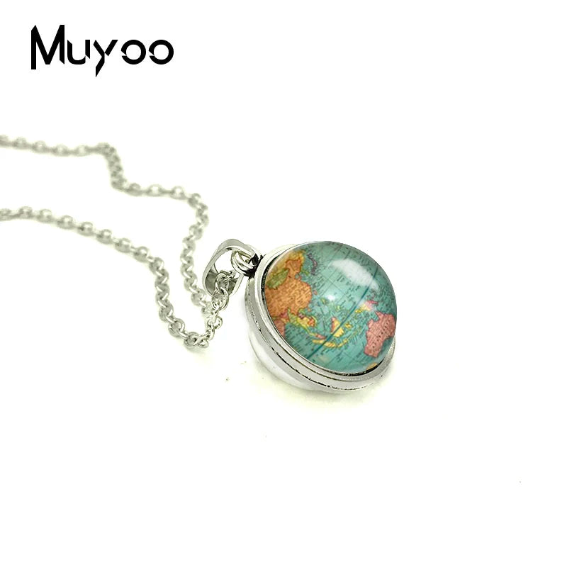 Novo globo dupla face colar planeta terra mapa do mundo arte pingente de vidro  colares artesanato jóias