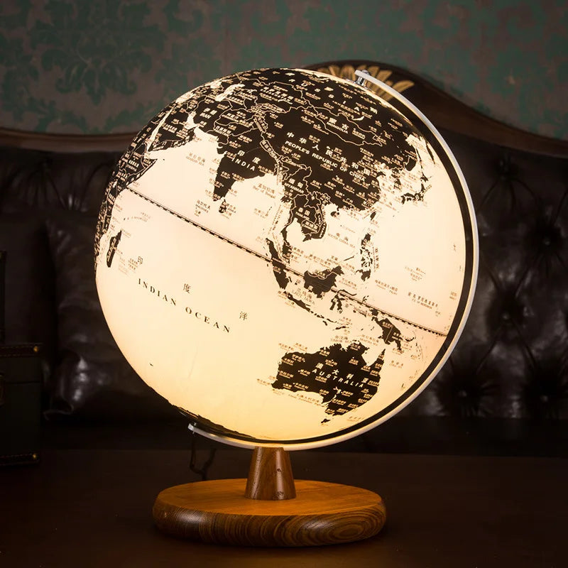 globo mapa do mundo terra globo vintage ornamentos de madeira usb brilho globo chinês inglês versão geografia educação brinquedo decoração 25cm