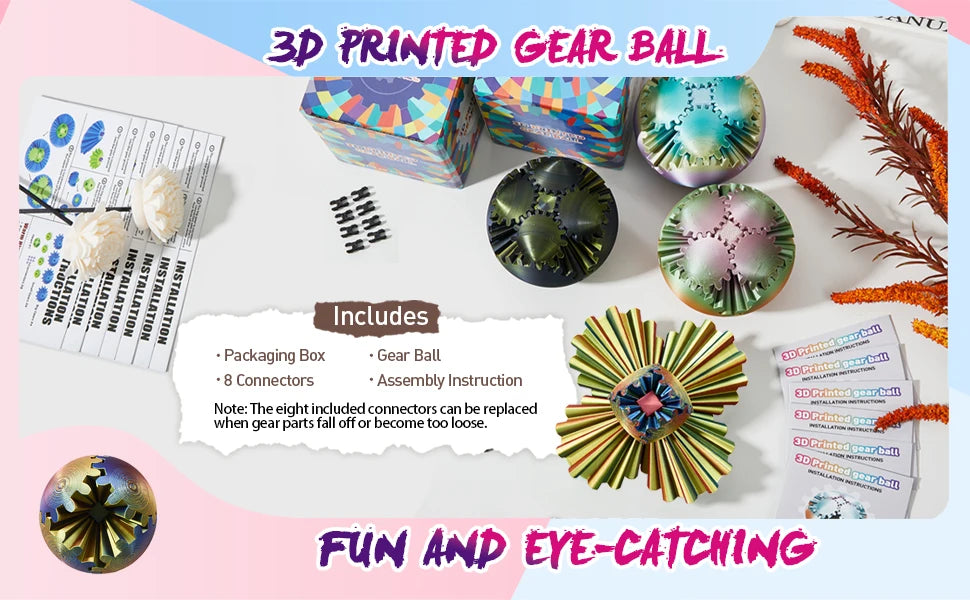 Gear Ball-3D Impresso Bola de Engrenagem, Esfera de Engrenagem Giratória, Brinquedo Cubo Fidget