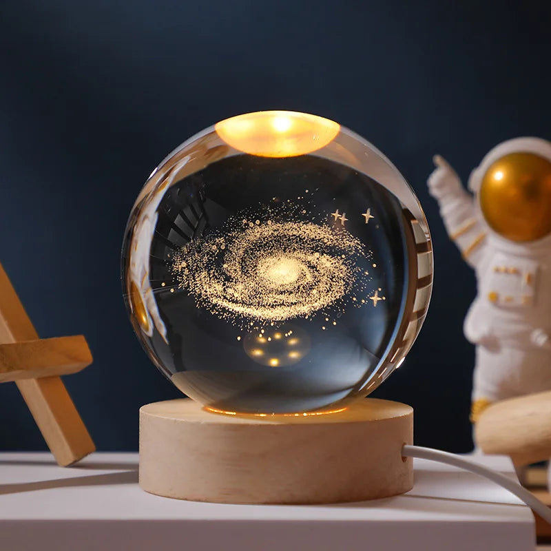 Bola de cristal vidro planeta led luz noturna quente laser gravado sistema solar globo universo 6cm 3D