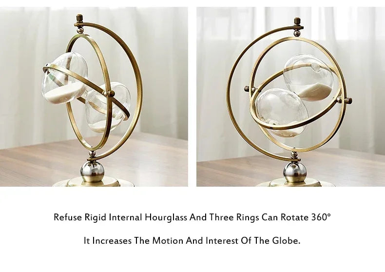 Ampulheta de metal retrô estilo europeu, globo de metal com rotação de 720 graus, relógio de areia, temporizador de areia, presente