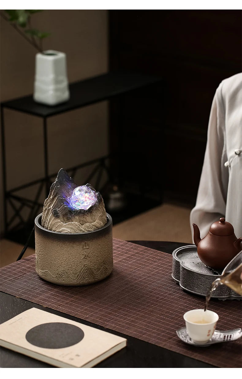 Zen relaxamento mesa feng shui bola fonte de água com luz led