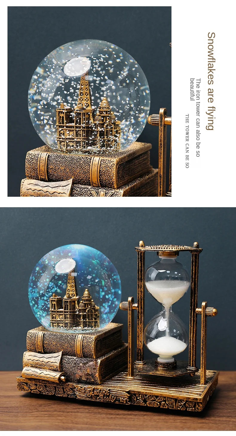Bola decoração ampulheta tempo eiffel vidro bola de neve mesa cristal areia movediça torre luminosa antigo