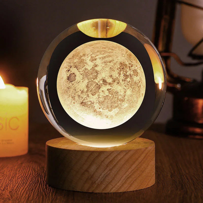 Bola de cristal 3d laser gravado lua esfera globo estatueta com suporte vidro