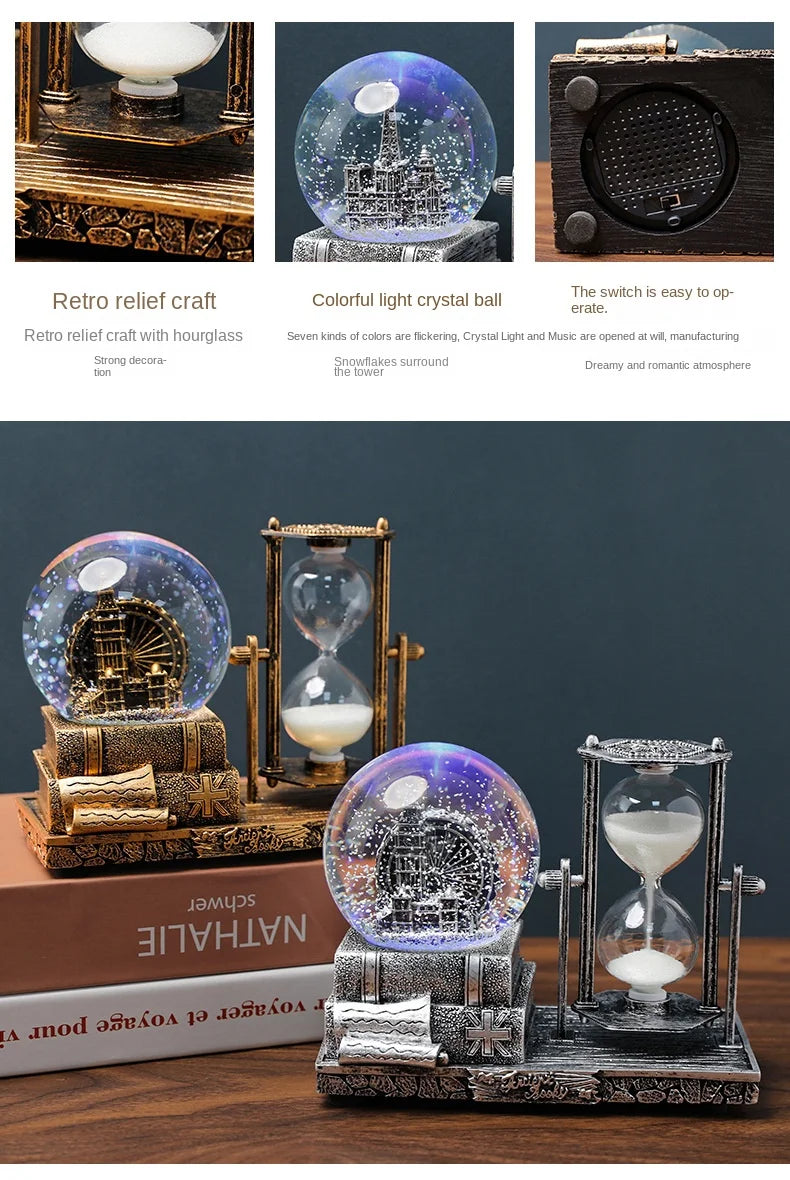 Bola decoração ampulheta tempo eiffel vidro bola de neve mesa cristal areia movediça torre luminosa antigo
