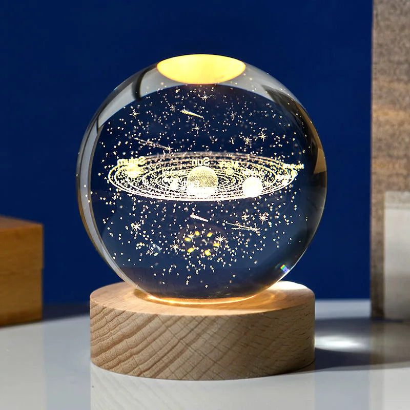 Bola de cristal vidro planeta led luz noturna quente laser gravado sistema solar globo universo 6cm 3D