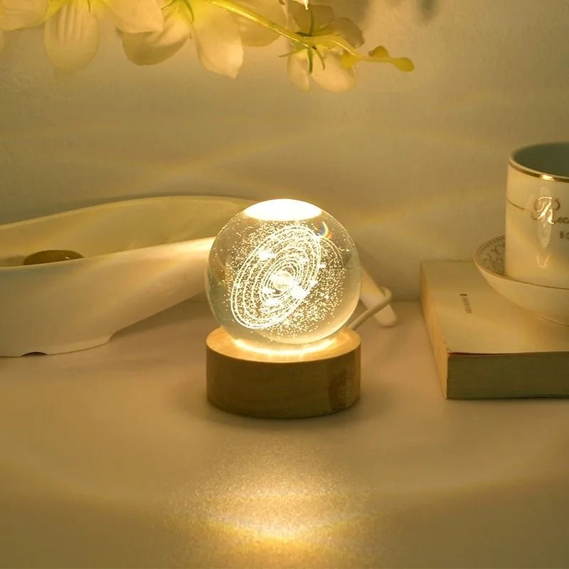 Bola de cristal vidro planeta led luz noturna quente laser gravado sistema solar globo universo 6cm 3D