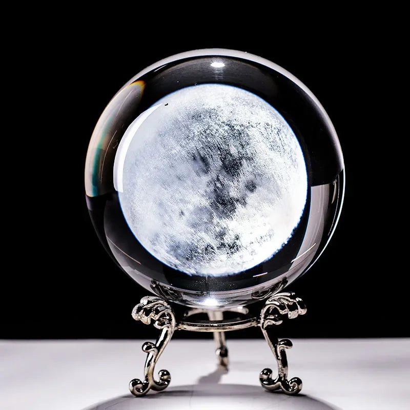 Bola de cristal 3d laser gravado lua esfera globo estatueta com suporte vidro